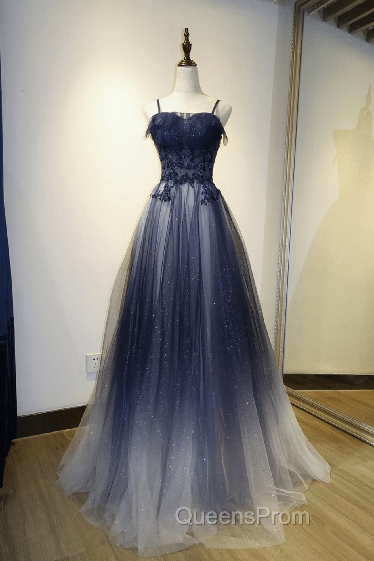 Blue Gradient Straps Tulle Long Party Dress with Lace Blue Junior Evening Prom Dress Evening Prom Dress shops
