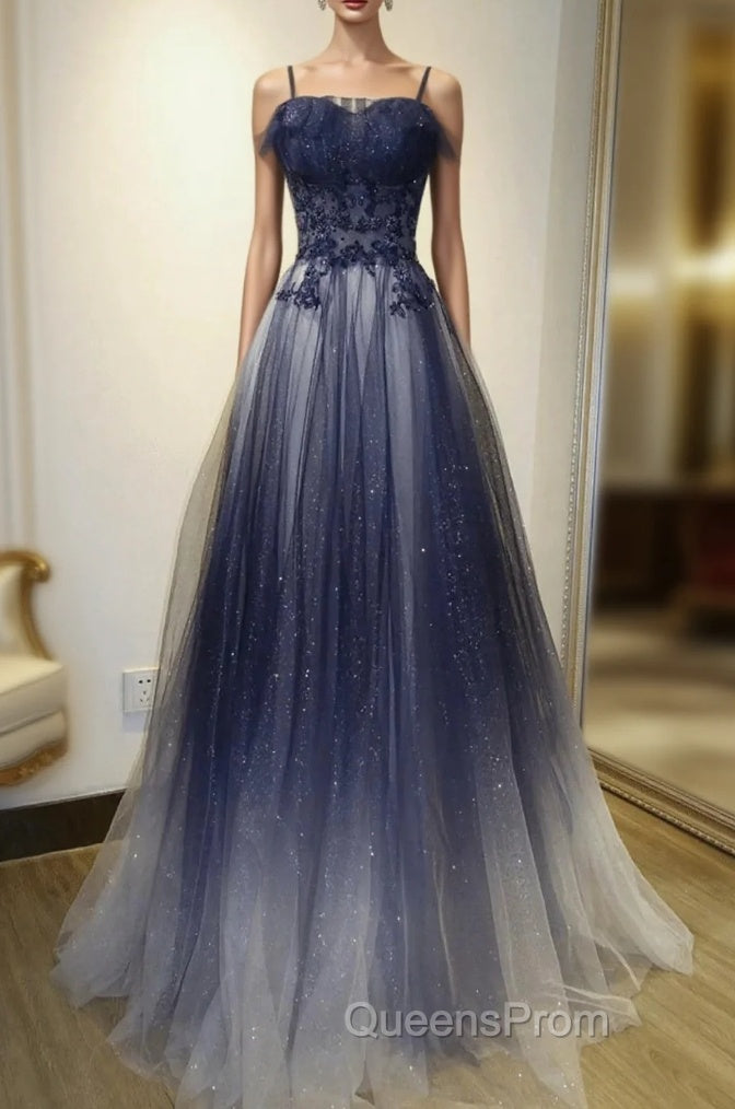Blue Gradient Straps Tulle Long Party Dress with Lace Blue Junior Evening Prom Dress Evening Prom Dress shops Main image