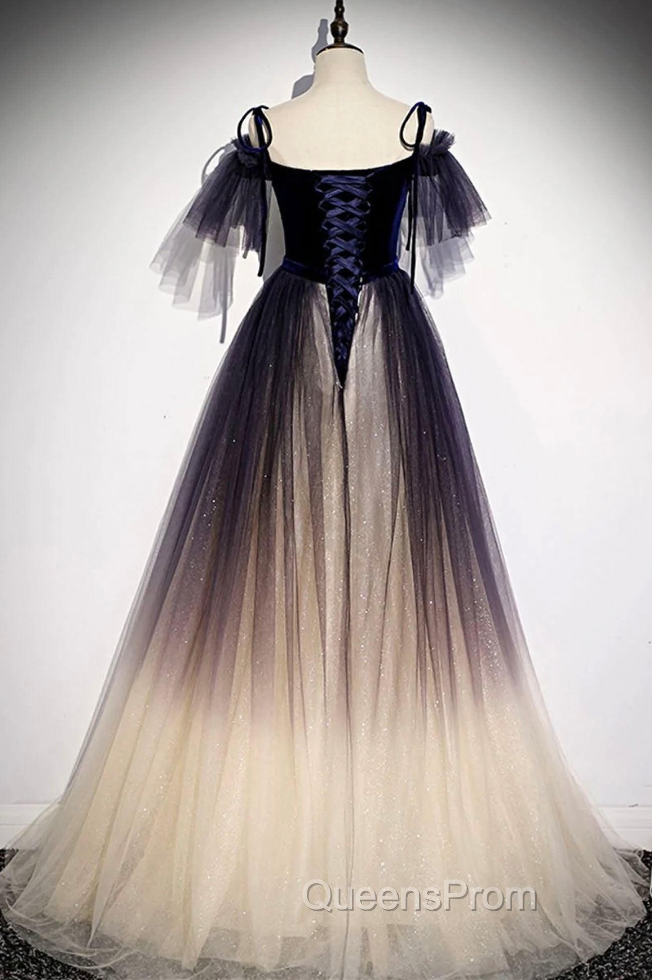 Blue Gradient Tulle Long Evening Dress, Off the Shoulder Evening Graduation Dress