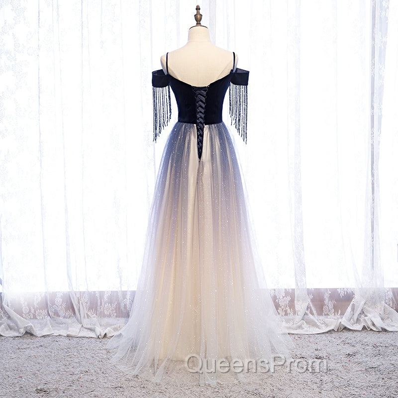 Blue Gradient Tulle Long Party Dress,A-line Off Shoulder Evening Dress