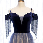Blue Gradient Tulle Long Party Dress,A-line Off Shoulder Evening Dress