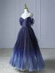 Blue Gradient Tulle Long Prom Dress,Beautiful Spaghetti Strap Celebrity Dresses