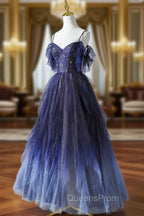 Blue Gradient Tulle Long Evening Prom Dress, Spaghetti Strap Evening Dress