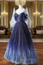 Blue Gradient Tulle Long Evening Prom Dress, Spaghetti Strap Evening Dress