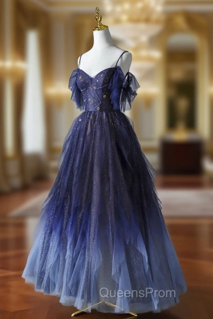 Blue Gradient Tulle Strapls Beading Evening Prom Dress