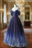 Blue Gradient Tulle Strapls Beading Evening Prom Dress