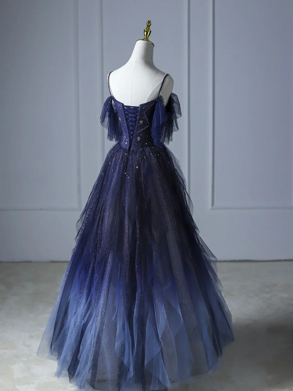 Blue Gradient Tulle Straps Beading Classy Prom Dress