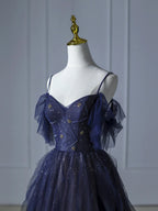 Blue Gradient Tulle Straps Beading Classy Prom Dress