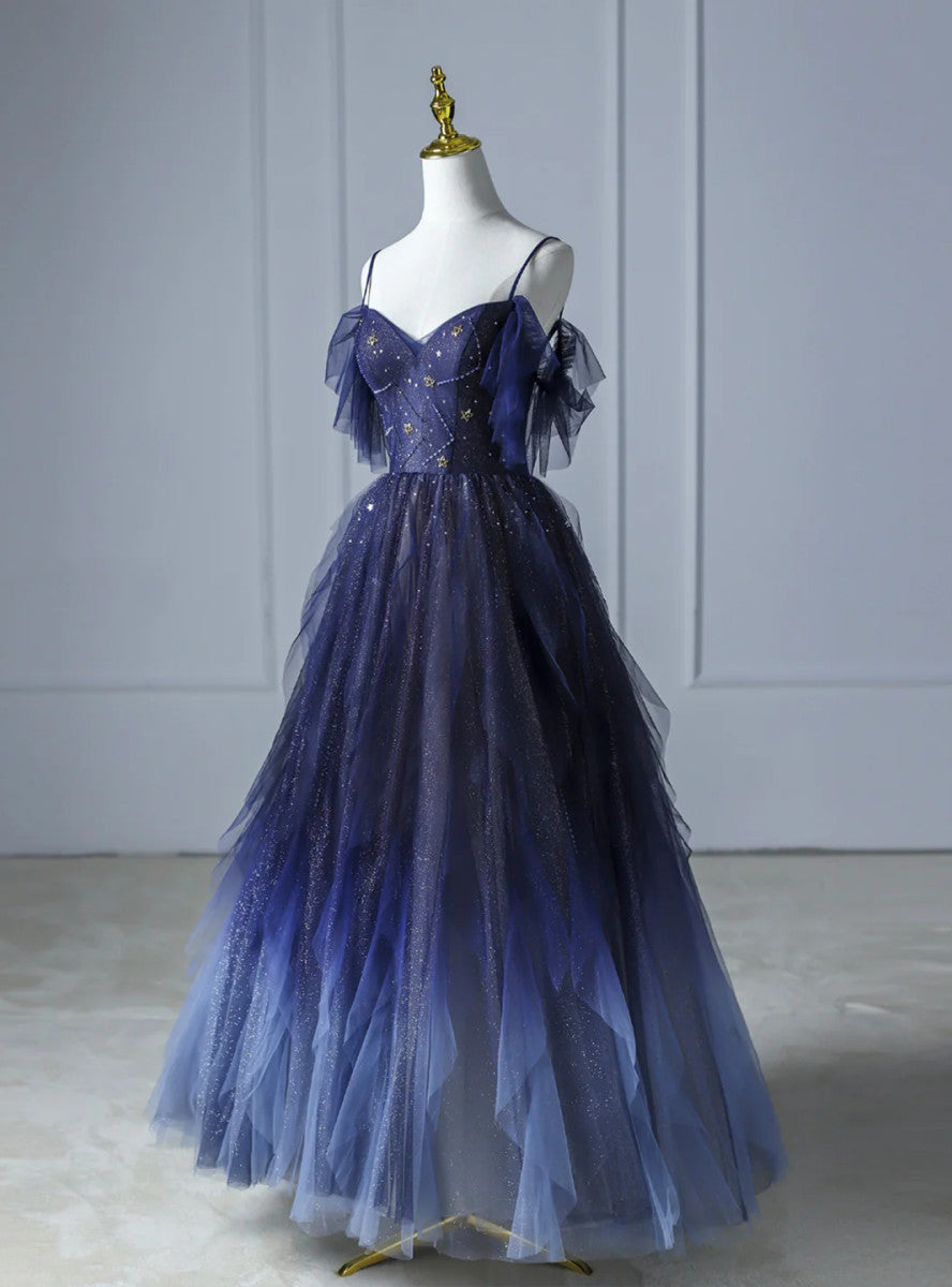 Blue Gradient Tulle Straps Beading Classy Prom Dress Main image
