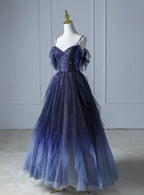 Blue Gradient Tulle Straps Beading Classy Prom Dress