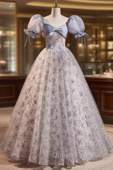 Blue Gray Tulle Sequins Puff Sleeve Evening Prom Dress