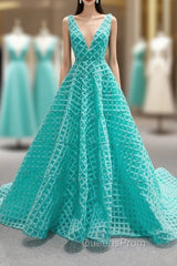 Blue Green V-neck Tulle Beading Evening Prom Dress
