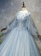 Blue-Grey Ball Gown Tulle Sweet 16 Dress with Lace, Long Evening Dress