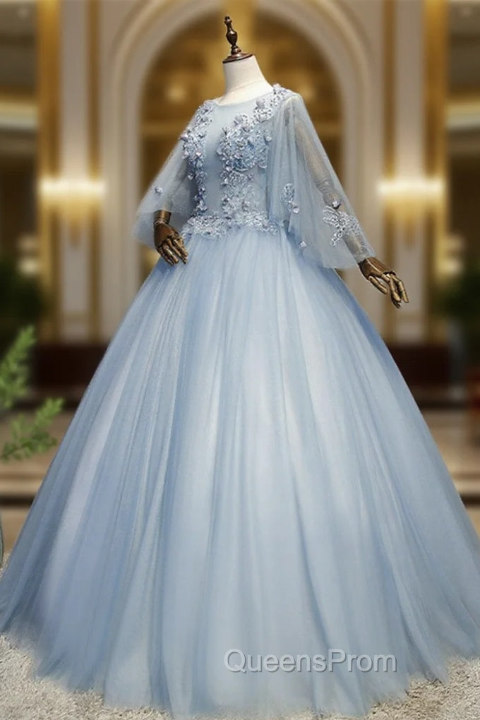 Blue-Grey Ball Gown Tulle Sweet 16 Dress with Lace, Long Evening Dress Main image