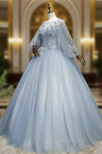 Blue-Grey Ball Gown Tulle Sweet 16 Dress with Lace, Long Evening Dress
