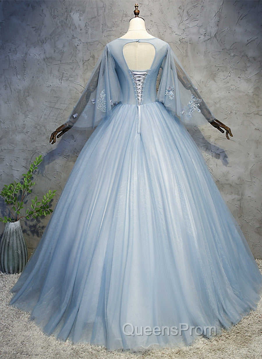 Blue-Grey Ball Gown Tulle Sweet 16 Dress with Lace, Long Evening Dress