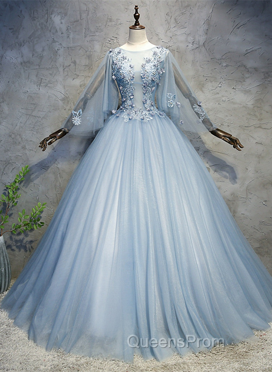 Blue-Grey Ball Gown Tulle Sweet 16 Dress with Lace, Long Evening Dress Secondary image