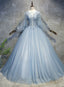Blue-Grey Ball Gown Tulle Sweet 16 Dress with Lace, Long Evening Dress