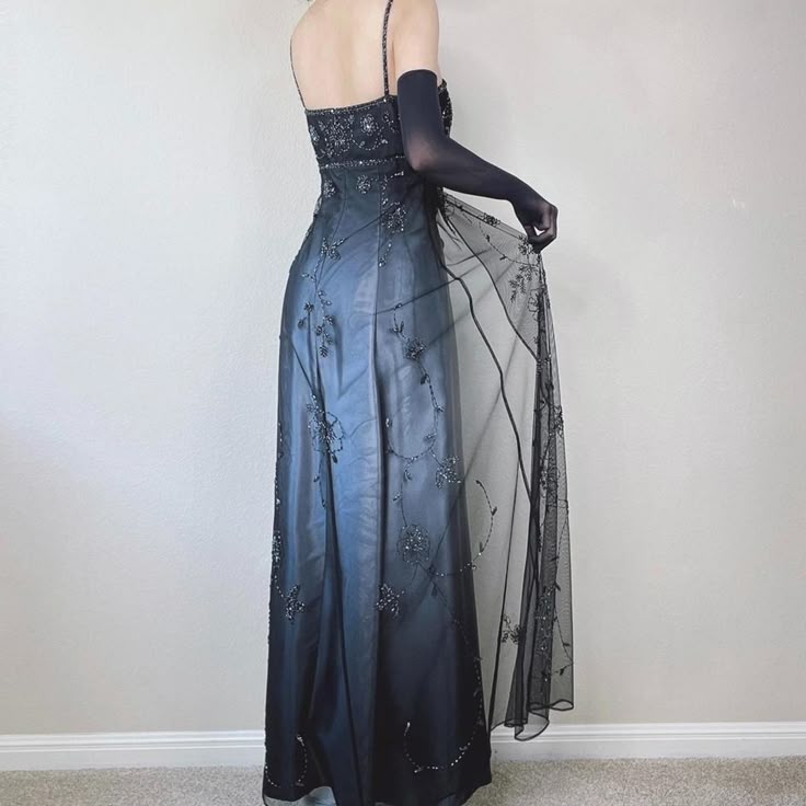 Blue/Grey Delicate Beaded Long Tulle Elegant Ball Gown Classy Evening Dress Classy Birthday Party Dress Classy Prom Dress