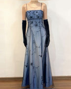 Blue/Grey Delicate Beaded Long Tulle Elegant Ball Gown Classy Evening Dress Classy Birthday Party Dress Classy Prom Dress