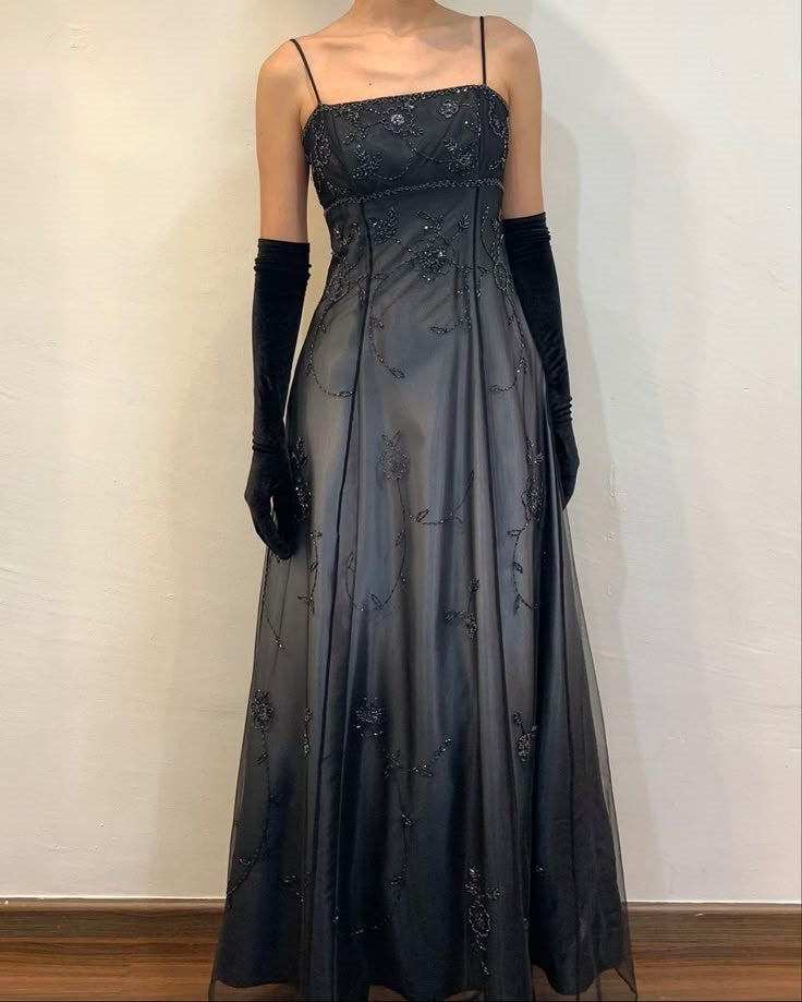 Blue/Grey Delicate Beaded Long Tulle Elegant Ball Gown Classy Evening Dress Classy Birthday Party Dress Classy Prom Dress