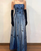 Blue/Grey Delicate Beaded Long Tulle Elegant Ball Gown Classy Evening Dress Classy Birthday Party Dress Classy Prom Dress