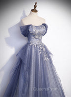 Blue-Grey Long A-line Off Shoulder Party Dress, New A-line Evening Prom Dress Evening Dress