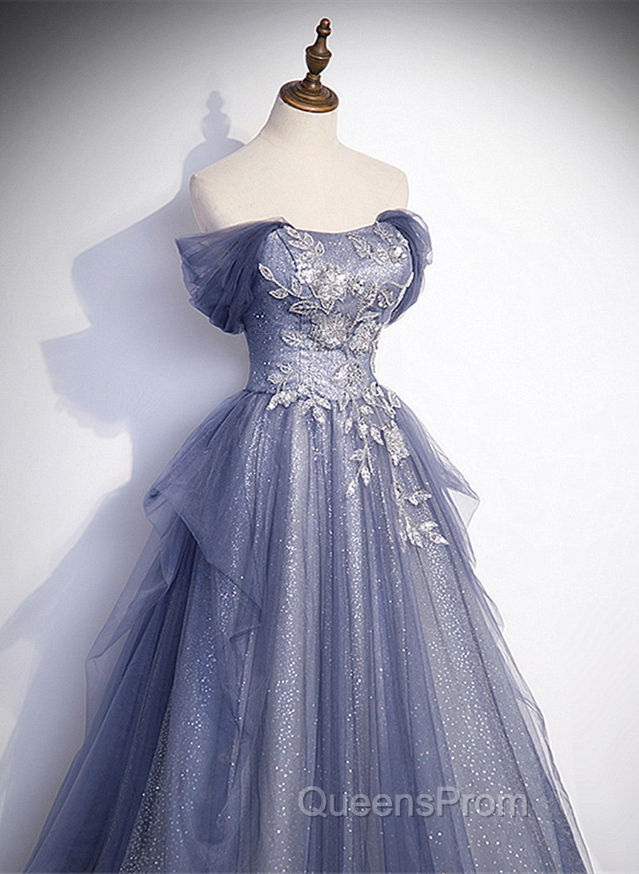 Blue-Grey Long A-line Off Shoulder Party Dress, New A-line Evening Prom Dress Evening Dress