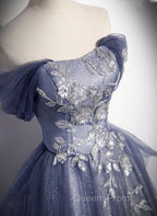 Blue-Grey Long A-line Off Shoulder Party Dress, New A-line Evening Prom Dress Evening Dress