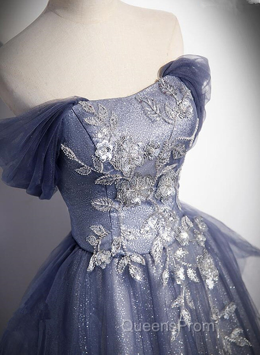 Blue-Grey Long A-line Off Shoulder Party Dress, New A-line Evening Prom Dress Evening Dress
