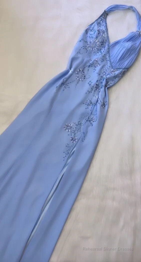 Blue Halter A Line Long Prom Dress Chic Beeaded Formal Party Dress Evening Gown Main image