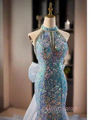 Blue Halter Beading Sequin Mermaid Evening Prom Dress With Detachable Bow