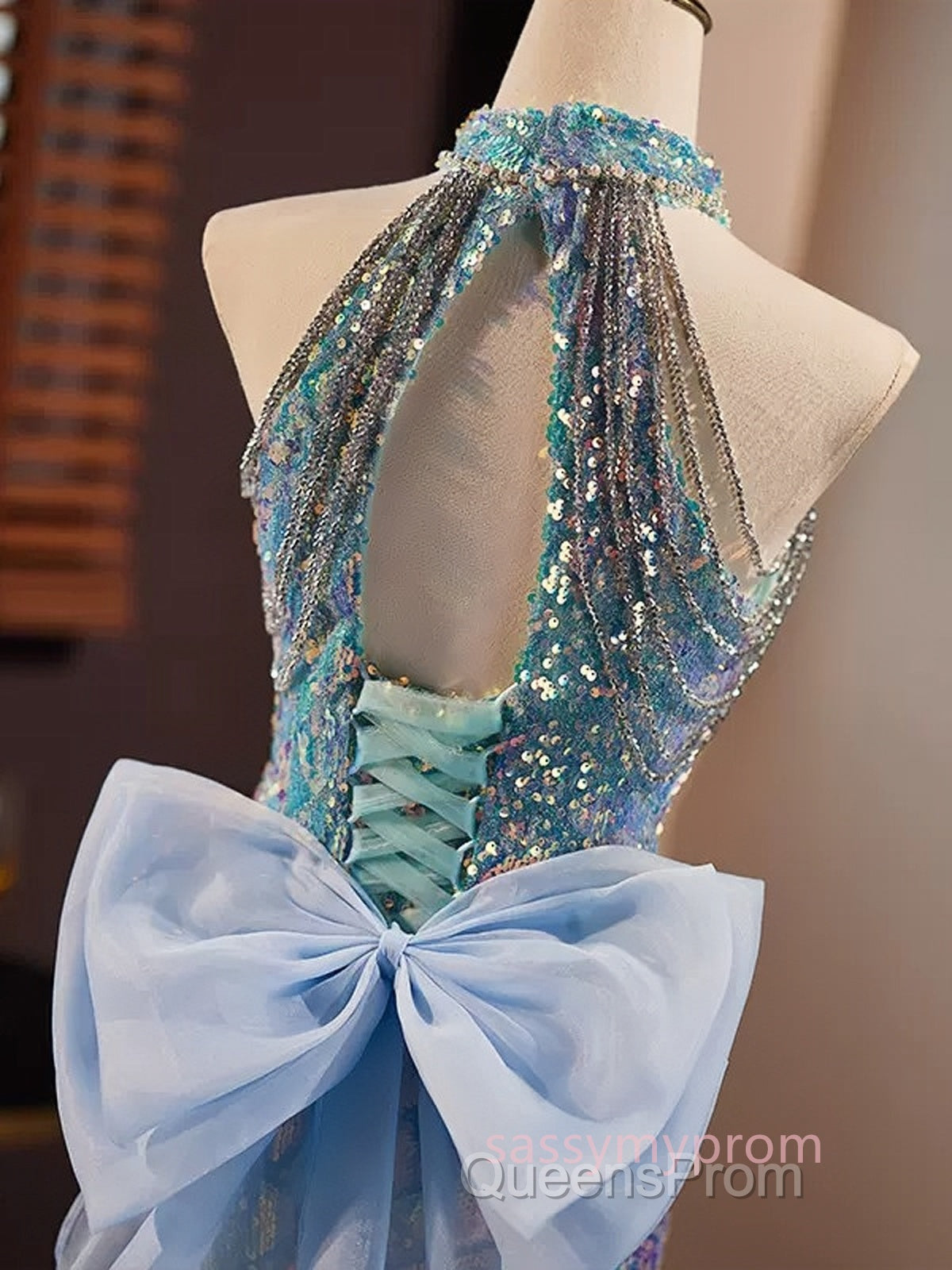 Blue Halter Beading Sequin Mermaid Evening Prom Dress With Detachable Bow