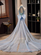 Blue Halter Beading Sequin Mermaid Evening Prom Dress With Detachable Bow