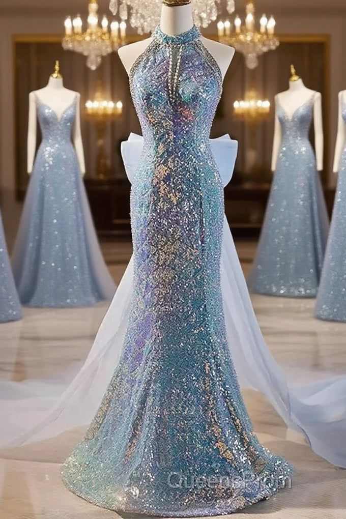 Blue Halter Beading Sequin Mermaid Evening Prom Dress With Detachable Bow Main image