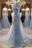 Blue Halter Beading Sequin Mermaid Evening Prom Dress With Detachable Bow