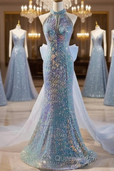 Blue Halter Beading Sequin Mermaid Evening Prom Dress With Detachable Bow