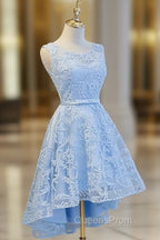 Blue High Low Lace Evening Prom Dress, Blue High Low Lace Graduation Homecoming Dress