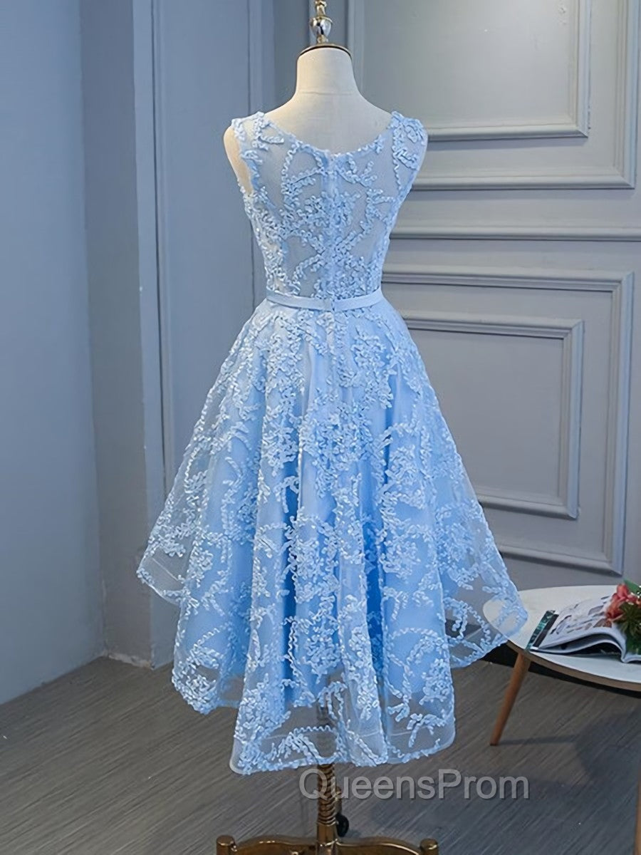 Blue High Low Lace Evening Prom Dress, Blue High Low Lace Graduation Homecoming Dress