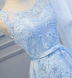 Blue High Low Lace Evening Prom Dress, Blue High Low Lace Graduation Homecoming Dress