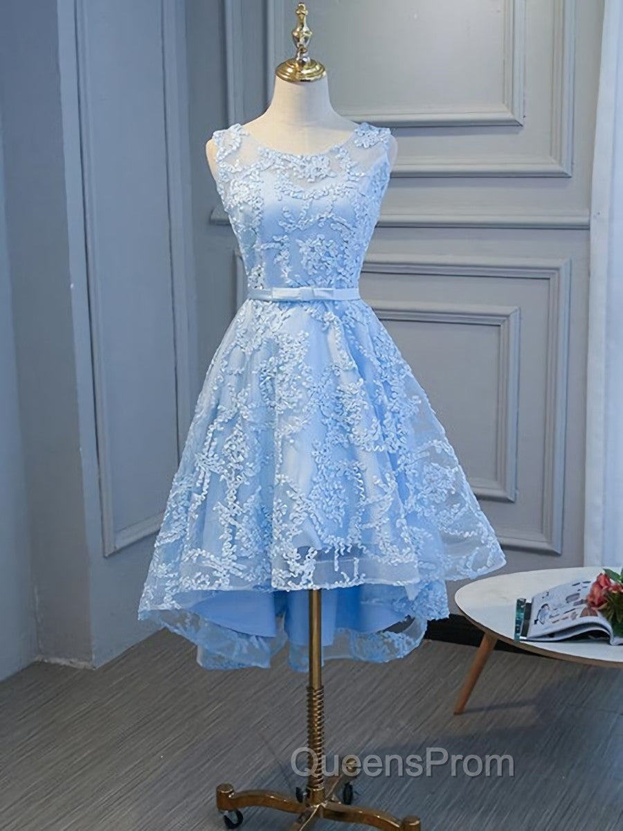 Blue High Low Lace Evening Prom Dress, Blue High Low Lace Graduation Homecoming Dress