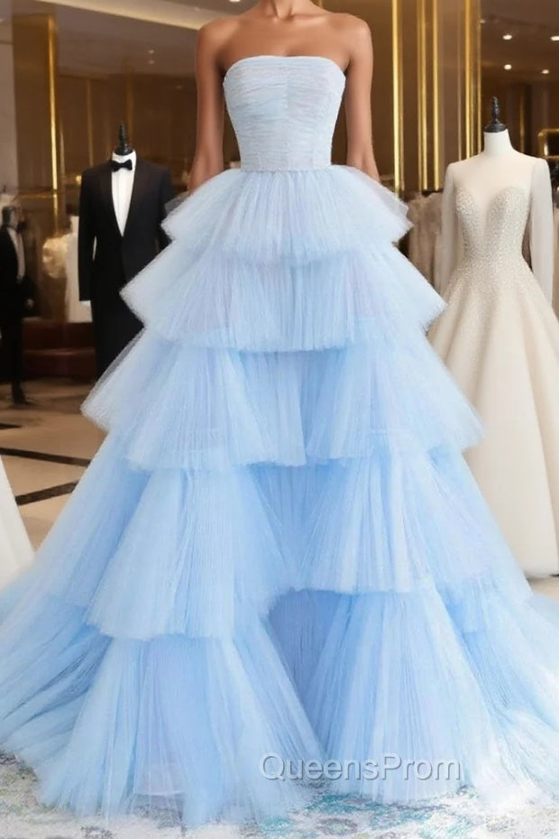 Blue High Low Tulle Evening Prom Dress, Blue Tulle High Low Evening Graduation Dress Main image