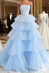 Blue High Low Tulle Evening Prom Dress, Blue Tulle High Low Evening Graduation Dress
