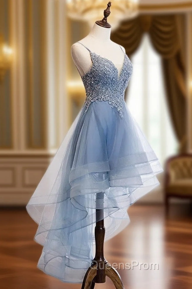 Blue High Low Tulle V-neckline Straps Party Dress with Lace, Cute Homecoming Dress Main image