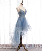 Blue High Low Tulle V-Neckline Straps Party Dress With Lace, Cute Homecoming Dress
