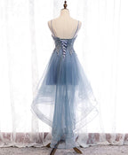 Blue High Low Tulle V-Neckline Straps Party Dress With Lace, Cute Homecoming Dress
