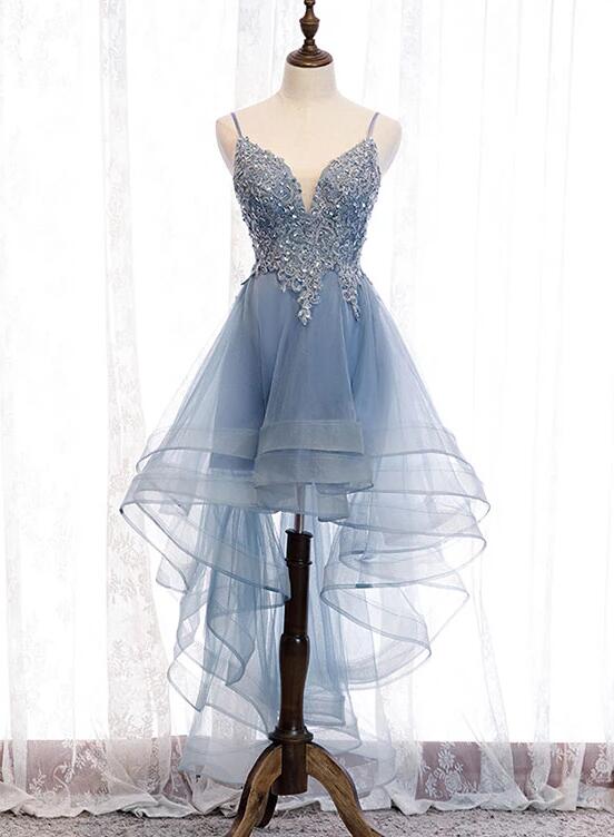 Blue High Low Tulle V-Neckline Straps Party Dress With Lace, Cute Homecoming Dress