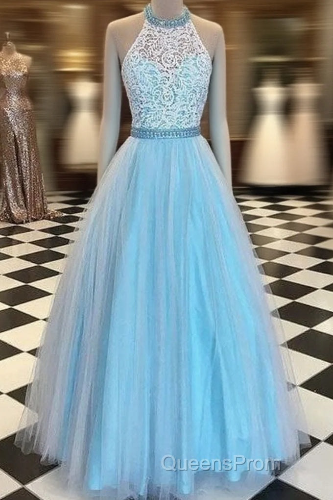Blue High Neck Lace Tulle Long Evening Prom Dress, Blue Evening Dress Main image