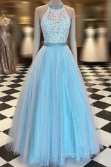 Blue High Neck Lace Tulle Long Evening Prom Dress, Blue Evening Dress