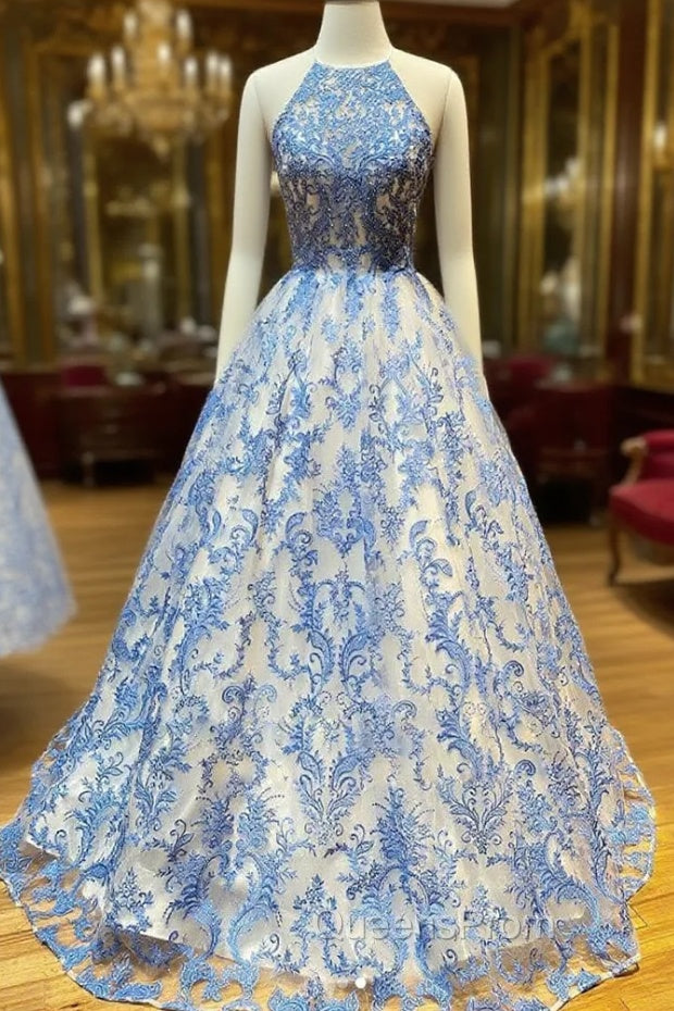 Blue High Neck Tulle Lace Long Evening Prom Dress Blue Lace Evening Dress Main image